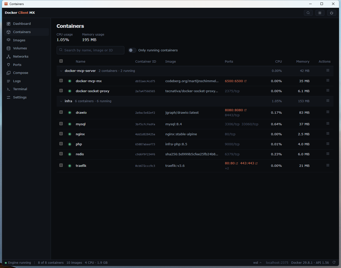The Docker Client MX containers page, showing the docker-mcp-server and infra compose groups with live CPU and memory per container.