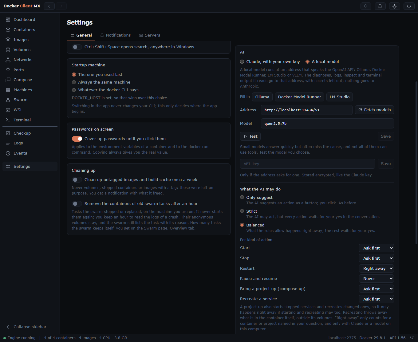 Screenshot: The AI settings: a local model on Ollama, what the AI may do in balanced mode with a rule per kind of action, and the MCP endpoint listening.