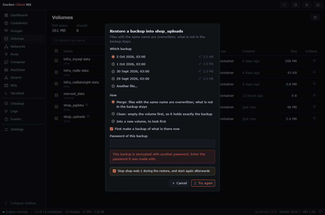 Screenshot: Restoring shop_uploads after the password changed: the app asks for the password the backup was made with, before anything stops.