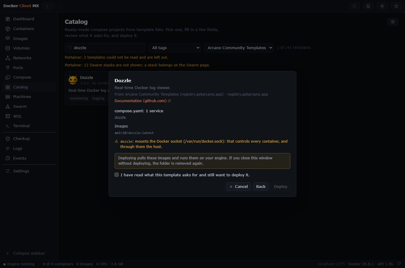 Screenshot: The review of the Dozzle template: it mounts the Docker socket, and Deploy waits for a tick.