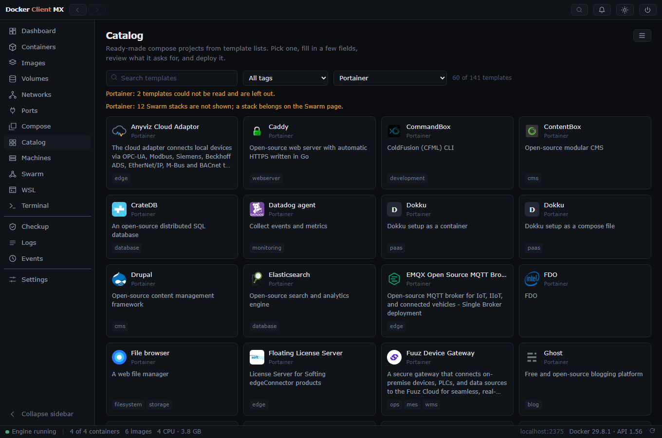 Screenshot: The catalog filtered on the list of Portainer, with the templates as tiles with their logos.