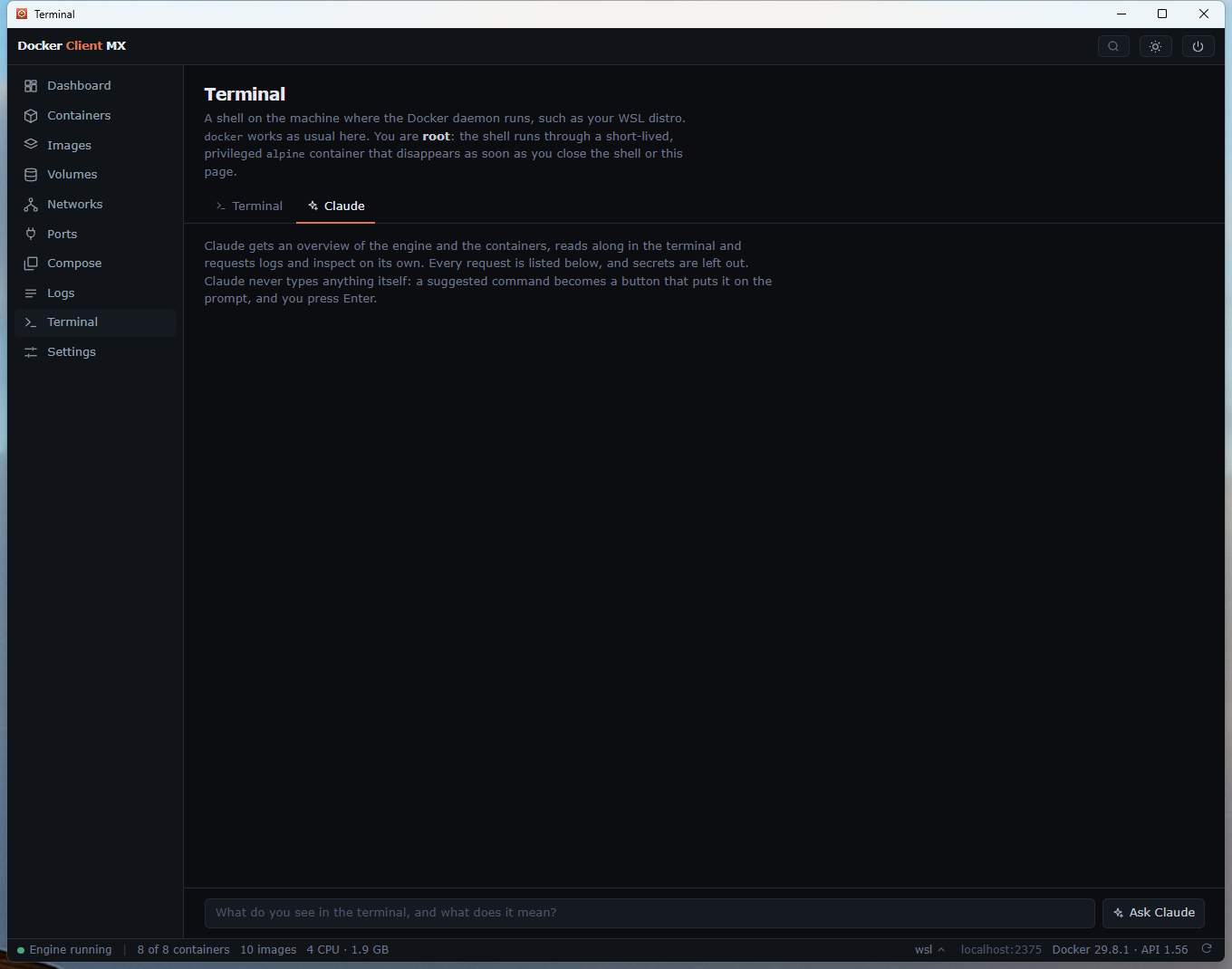 Screenshot: The Claude tab next to the host terminal, ready for a question.