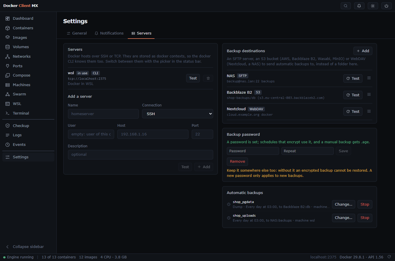 Screenshot: Settings, Servers: an SFTP server, a Backblaze B2 bucket and Nextcloud as backup destinations, the backup password, and two automatic backups that go to them.