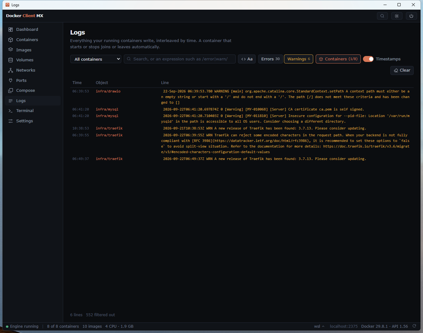 Screenshot: The logs page, filtered to errors and warnings.