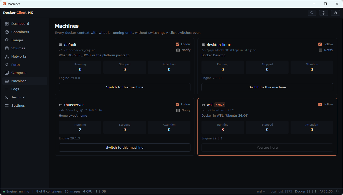 Screenshot: The Machines page: every docker context with what runs on it, and the one you are on.
