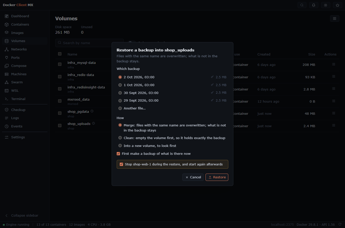 Screenshot: Restoring shop_uploads: four nightly backups, merge, clean or a new volume, a backup of what is there first, and shop-web-1 stopped while it works.