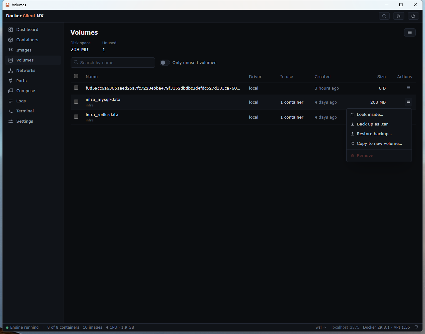Screenshot: Volumes, with a backup on its way.